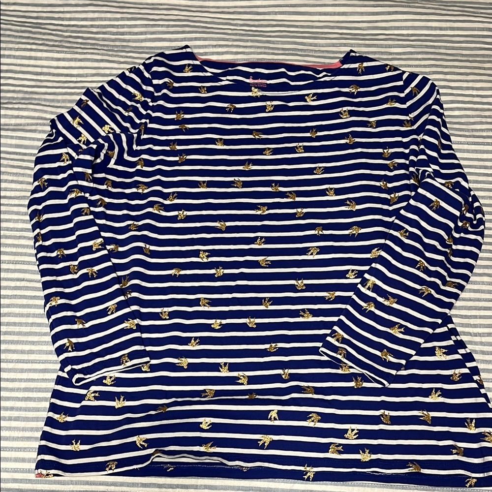 Navy Striped Long Sleeve Top with Gold bird Accents